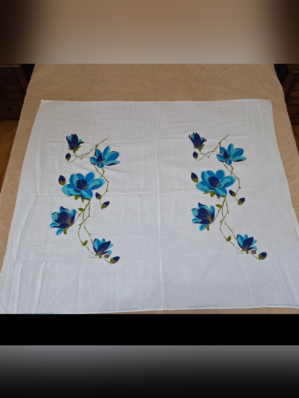 Vintage Alfred Shaheen Hand-Printed Blue Floral Double Panel Textile